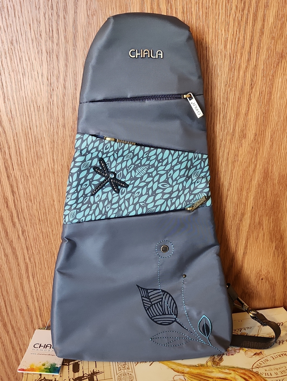 Chala Gray Sling Bag with Teal Leaf Panel and Dragonfly Accent